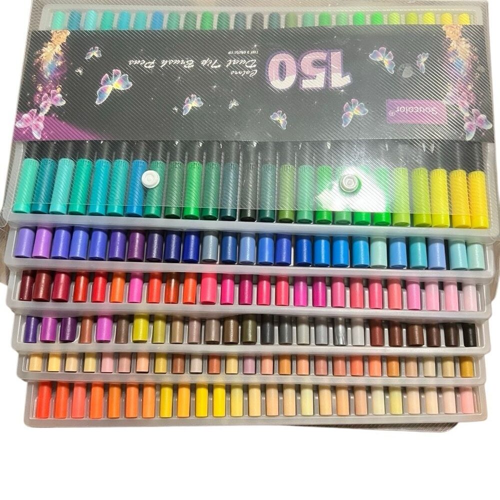Soucolor 150 Slim dual tip brush waterbased markers with carrying case fine tip